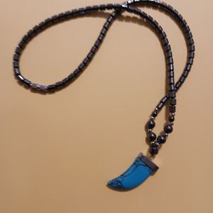 Vintage Turquoise Flat Horn Shaped, Hematita Necklace, 17" Large